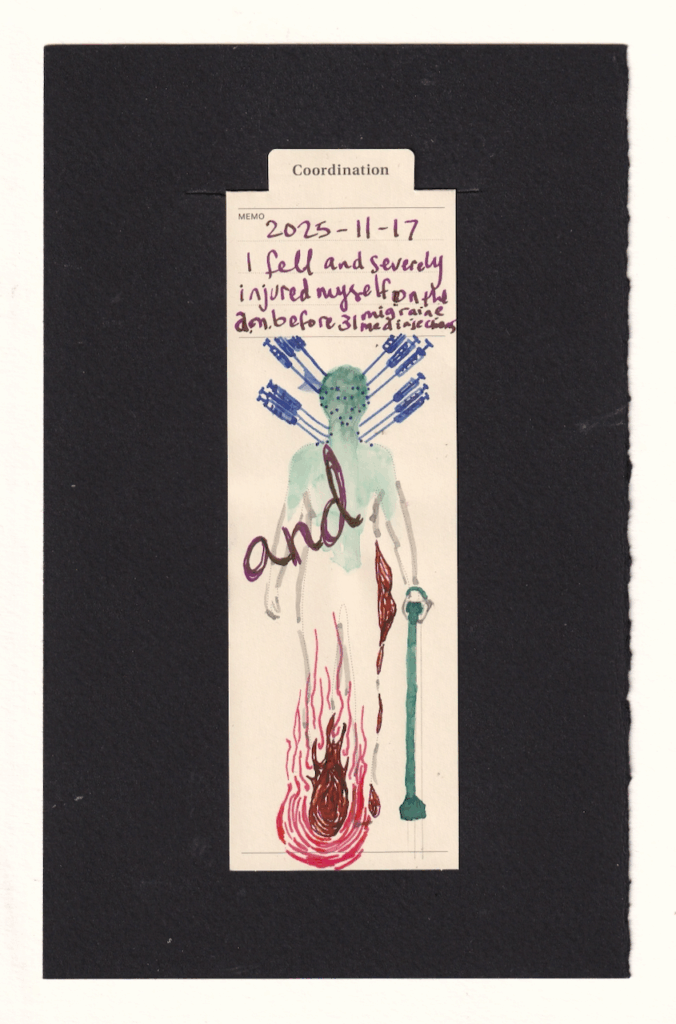 the figure on the bookmark has a bunch of prick marks on their face, neck, and shoulders with large dramatically stylized needles sticking out of them. a stylized "and" is written across their body, showing in the lower body the person's foot is aflame and smoking, with similar textures to a smaller degree on their hip, side leg, and other foot. They hold a cane
