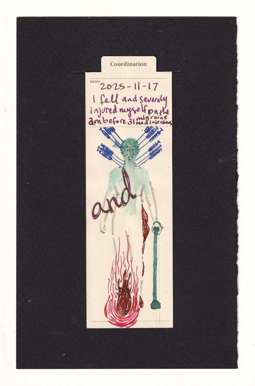 the figure on the bookmark has a bunch of prick marks on their face, neck, and shoulders with large dramatically stylized needles sticking out of them. a stylized "and" is written across their body, showing in the lower body the person's foot is aflame and smoking, with similar textures to a smaller degree on their hip, side leg, and other foot. They hold a cane
