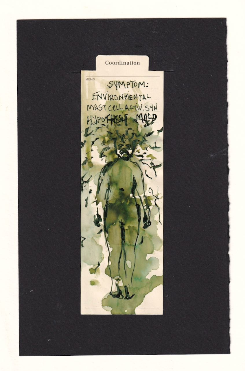 the figure in the manila bookmark is roughly sketched over layers of green brown blue , well, moldy looking ink. the ink is watery and blends together and covers the bookmark, spilling out over the page and blobbing together in organic shapes. over top, the sketched figure makes an anguished face. their head is burst open and squiggles rain out , which bleed wet with the 'moldy' page.