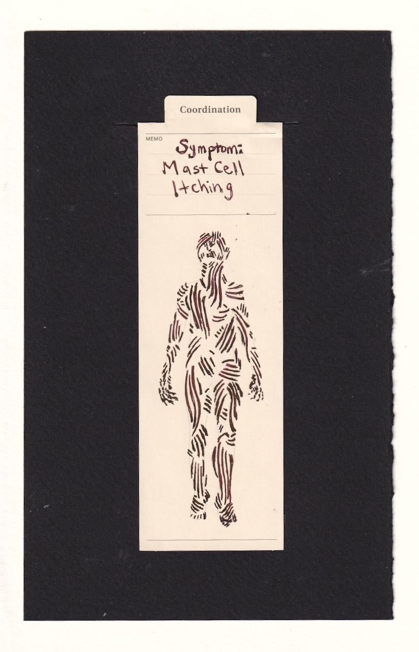 A human in the center of a manila bookmark is covered from head to toe in red purple dark lines, in clusters often of 4 to 5 lines. They represent itching and scratching and cover the entire body some in long scratches and itches which go the length of a chin or from a hip down to almost the knee and some in short little bursts. They curve around body shapes, so even though there is nothing underneath them, the way they wrap around things imply the anatomical structures underneath. Some people say these lines evoke muscle diagrams, despite the fact they zig and zag around the body in ways which are not muscular. The hands are dramatically stylized, fingers splayed and holding tension, as if about the begin scratching again.