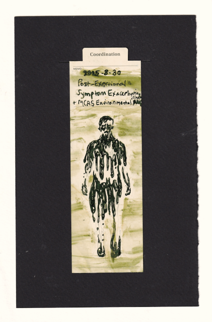 the figure in the manila bookarmk is composed of dripping dark dark green ooze, and negative space. they have a bit of ooze on their head and ear, a face of concern/pain, a neck of tenction and shoulders, and an emptiness where their heart should be. the ooze continues down their arms asymmetrically. the ooze picks up and drips droplets again around the hands and wrists, at the hips, again asymmetrically, and in one foot. the other a long stream falls down the leg and catches the foot. the background of the bookmark is smudged horizontal-ish stripes of greenish yellow brown , almost like the world is moving past the figure much faster in an unfathomable blur, while they are taking one tiny, ever so slow step we can barely perceive -- if we squeeze our eyes, perhaps their left foot is lifted slightly and their left arm is bent, right arm is back further? or if that just the shape of the ooze? 