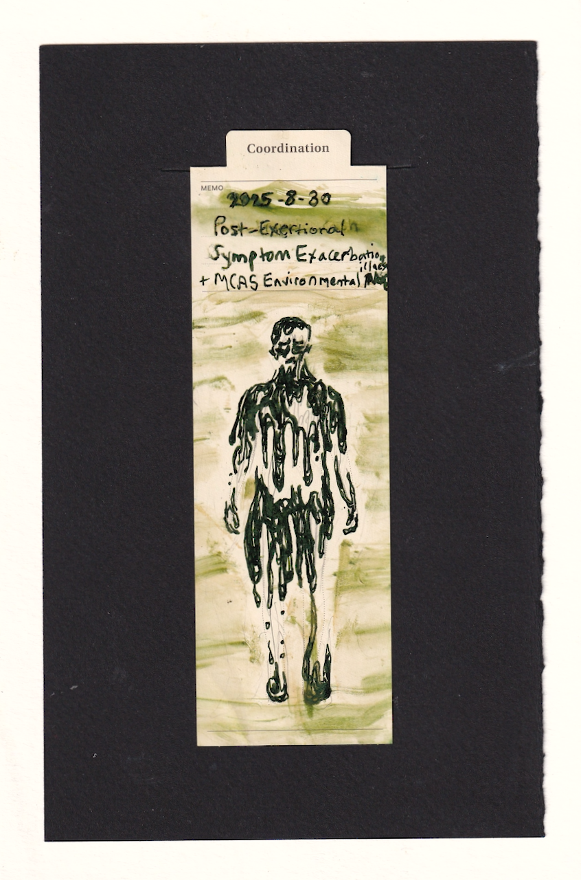 the figure in the manila bookarmk is composed of dripping dark dark green ooze, and negative space. they have a bit of ooze on their head and ear, a face of concern/pain, a neck of tenction and shoulders, and an emptiness where their heart should be. the ooze continues down their arms asymmetrically. the ooze picks up and drips droplets again around the hands and wrists, at the hips, again asymmetrically, and in one foot. the other a long stream falls down the leg and catches the foot. the background of the bookmark is smudged horizontal-ish stripes of greenish yellow brown , almost like the world is moving past the figure much faster in an unfathomable blur, while they are taking one tiny, ever so slow step we can barely perceive -- if we squeeze our eyes, perhaps their left foot is lifted slightly and their left arm is bent, right arm is back further? or if that just the shape of the ooze?