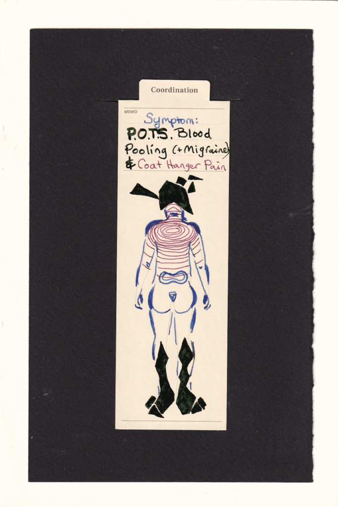 The figure in the manila bookmark faces away from us. in their upper back and neck, where the coat hanger would be on a jacket hung up, radiated concentric dark red-purple rings pulsing outward in varying topographical levels of ouch. in their lower legs are large clunky so dark green they're almost black metallic geometric shapes which fill and overtake their lower legs, heels, ankles, and feet. The same is happeneing in their head, a jagged shape becomes their head, and a sharp triangle pierces inward. other angular geometric shapes dance just outside. The rest of the body is partially rendered in dark periwinkle curving shapes. the lower back and tail bone are both highlighted with rings inside them.