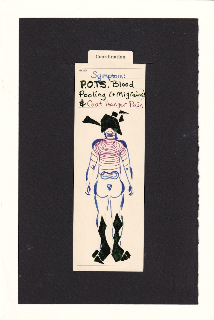 The figure in the manila bookmark faces away from us. in their upper back and neck, where the coat hanger would be on a jacket hung up, radiated concentric dark red-purple rings pulsing outward in varying topographical levels of ouch. in their lower legs are large clunky so dark green they're almost black metallic geometric shapes which fill and overtake their lower legs, heels, ankles, and feet. The same is happeneing in their head, a jagged shape becomes their head, and a sharp triangle pierces inward. other angular geometric shapes dance just outside. The rest of the body is partially rendered in dark periwinkle curving shapes. the lower back and tail bone are both highlighted with rings inside them.