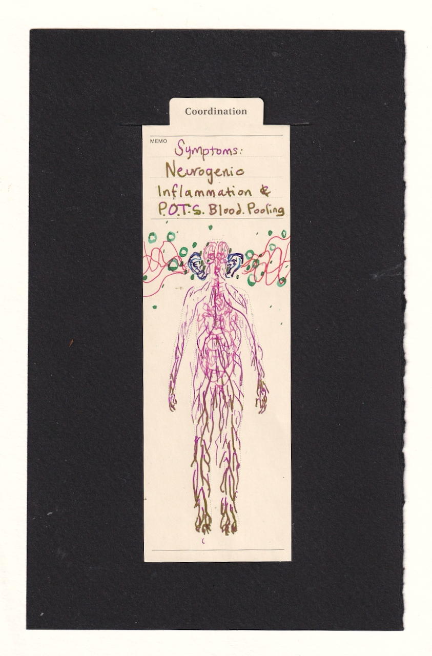 a vintage looking manila bookmark printed the with outline of a humanoid figure. the figure has drawn on a light pink brain and eyes, mounth and giestive tract. Over that is a circulatory sytem in darker magenta whose lines get thicker and more green as they get lower in the body, weighted down by gravity, blood getting suck in the extremities and unable to return to the heart let alone brain. The ears are oversized in blue ink, and have green inflammatory & ear pop bubbles and coral tinnitus wavelengths undulating from them.