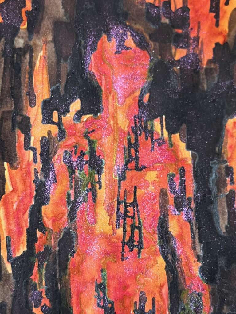 all of the embers lit up dramatically in almost pink-purple, the golden glowing metallic aspects are also visible and almost electric in this striking detail where the angle of light hits the piece just-right and makes the light-interactive properties sear 