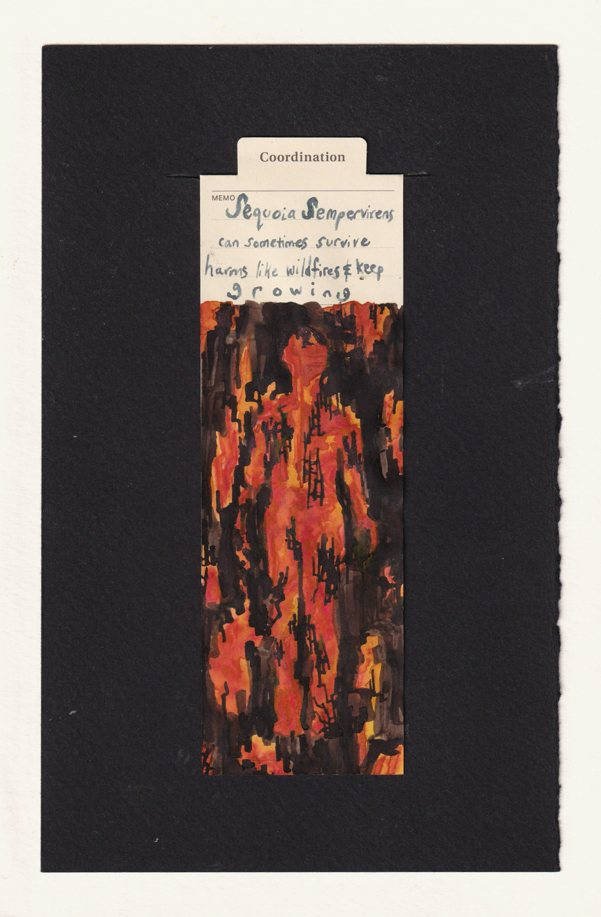 a bookmark with ink artwork of abstract patterns of jagged, square/rectangular, chipping yellow-red-orange shapes appearing from dark brown background. within them is most of a glowing human figure