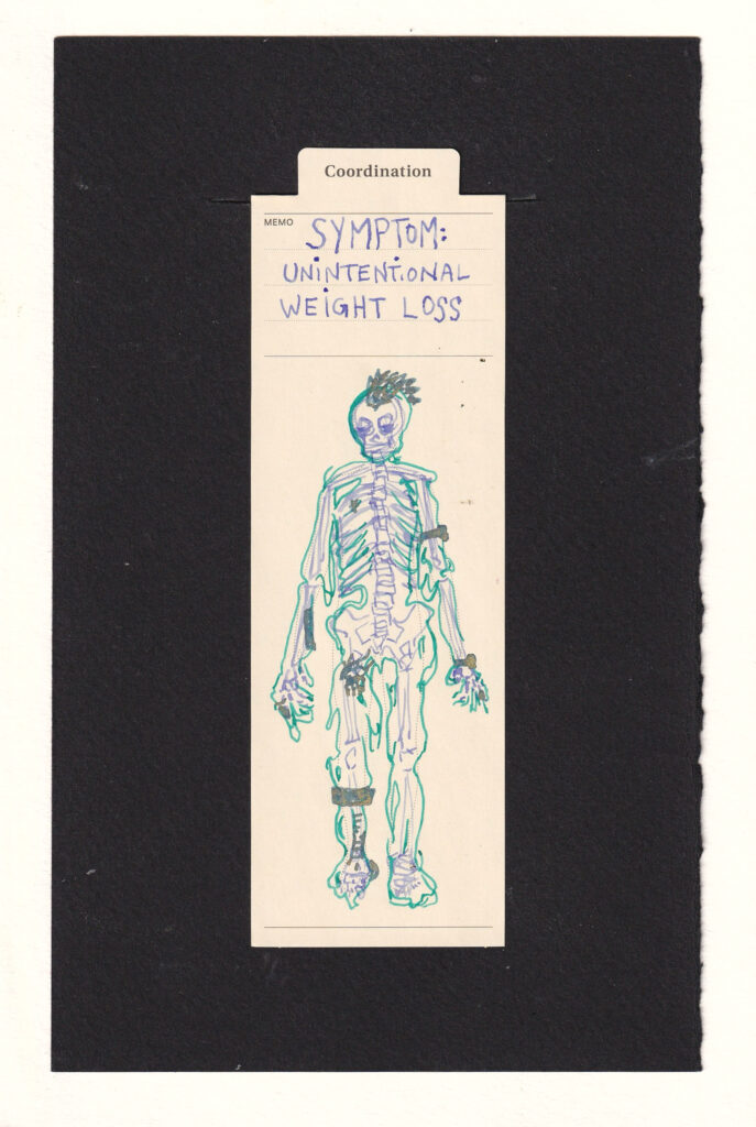 drawing jagged lavender skeleton, with a loose teal outline sagging and melting off of them, both tight to the bones and hanging limply under gravity. the skeleton is personalized by showing a mohawk, two hear rate monitors, two tattoos, surgical hardware, prosthetic and many small scars.