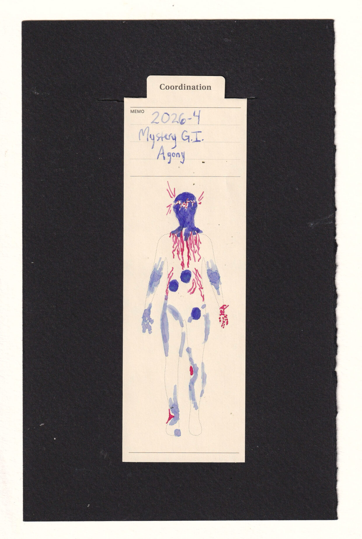 manila anatomical bookmark with a figure rendered in purple and saturated magenta. The figure's head and 3 spots on their abdomen are dark purple with blue glitter. Inside the head is a split with thin red-pink sparks between them and outsidee the head, which jaggedly jut down the abdomen, into the ribs and low stomach. Many of the joints are rendered in pale light purple , with the red-pink in the inner R knee, L ankle, and all the joints in the right hand