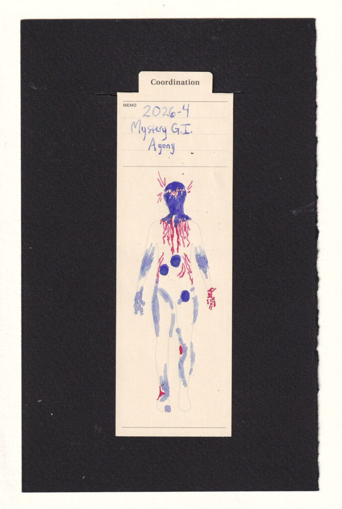 manila anatomical bookmark with a figure rendered in purple and saturated magenta. The figure's head and 3 spots on their abdomen are dark purple with blue glitter. Inside the head is a split with thin red-pink sparks between them and outsidee the head, which jaggedly jut down the abdomen, into the ribs and low stomach. Many of the joints are rendered in pale light purple , with the red-pink in the inner R knee, L ankle, and all the joints in the right hand
