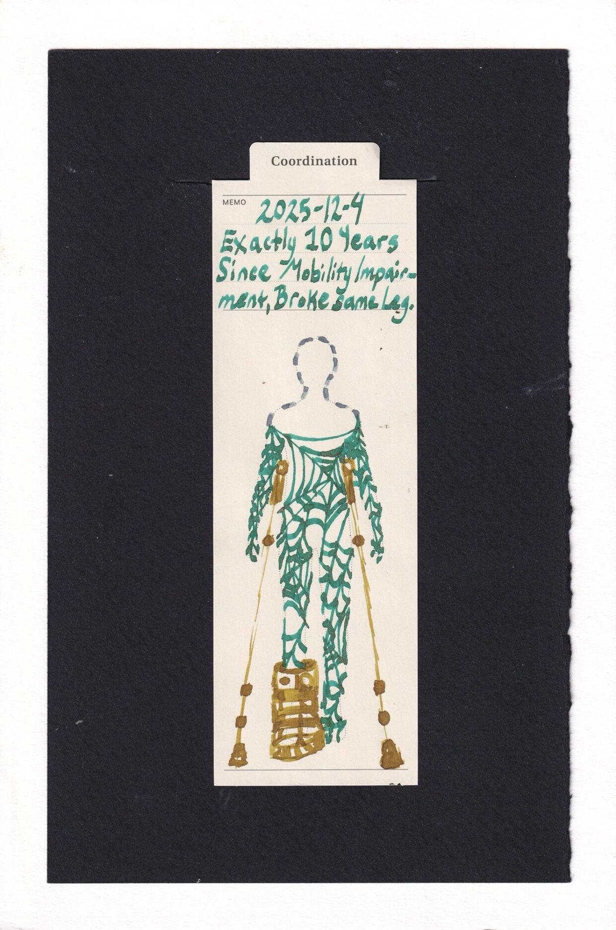 A manila anatomical bookmark with a dashed outline of a human, on a golden shimmering underarm crutches. They also wear a large golden orthopedic boot. Their body is filled with teal abstract patterns of evoking spiderwebs, and if you look closely, you can see that there is contrasting golden shimmer in them too. The patterns go up to just below the shoulders and neck, which are not filled in at all. Instead, they are outlined in gray dashes, as though implying that something involving this area is missing.