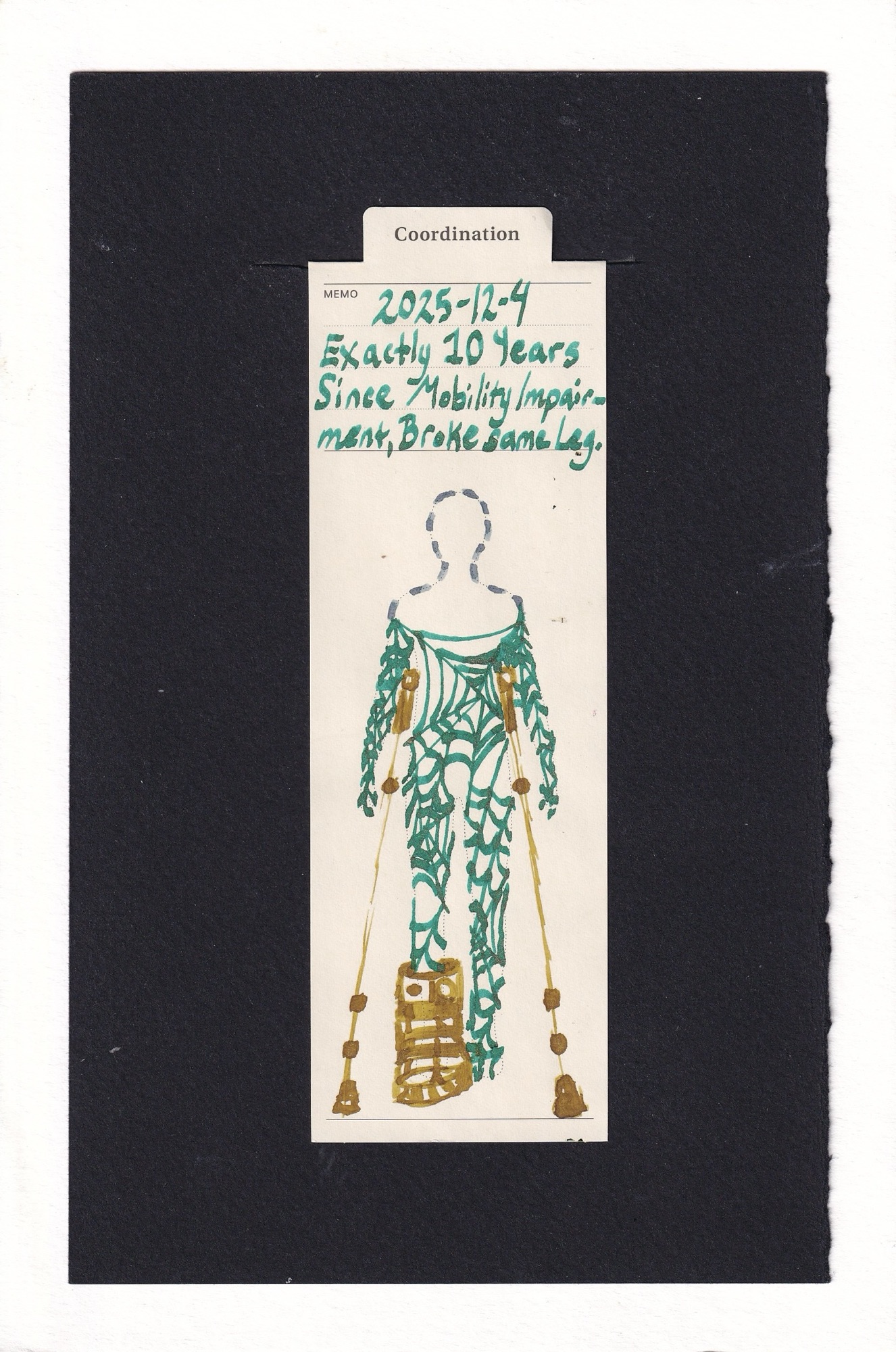 A manila anatomical bookmark with a dashed outline of a human, on a golden shimmering underarm crutches. They also wear a large golden orthopedic boot. Their body is filled with teal abstract patterns of evoking spiderwebs, and if you look closely, you can see that there is contrasting golden shimmer in them too. The patterns go up to just below the shoulders and neck, which are not filled in at all. Instead, they are outlined in gray dashes, as though implying that something involving this area is missing.

at the top in the memo section written in teal ink is "2025-12-4 Exactly 10 years since mobility impairment, broke same leg"