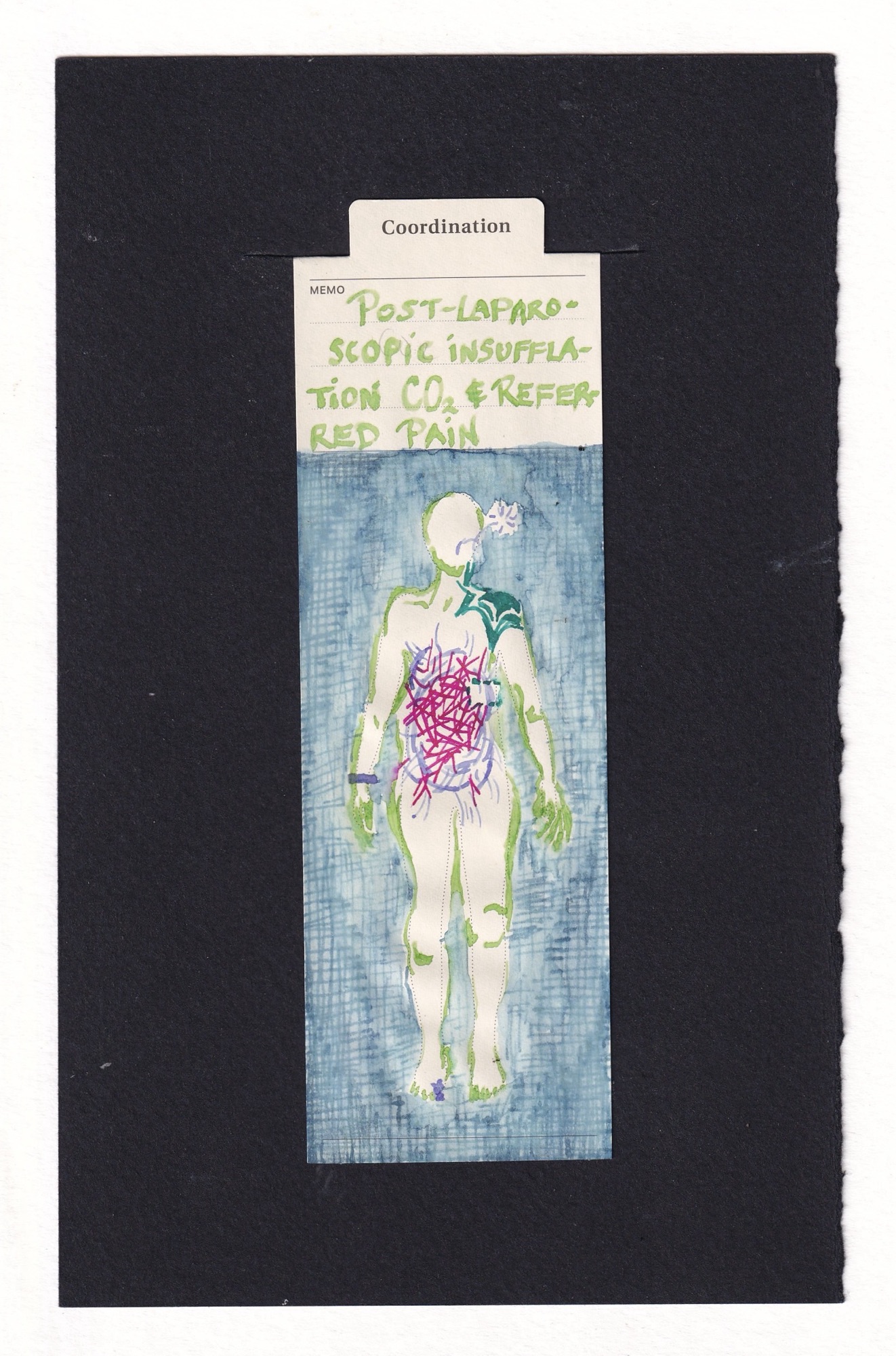 Manila bookmark with human figure drawn in vibrant tertiary colors, their outline is drawn in layered minimal curved lines and lime green. Their stomach has pale lavender significant bulging and strain lines. Within it are neon pink sharp straight lines, like a bunch of sticks in a pile. Where the gallbladder should be is a teal dashed outline, and in the same teal the shoulder has layered bursting. Coming out of the figure’s would-be mouth is a purple spiral and pop like a burp or hiccup. The background is a much less vibrant medium blue, a mix of textures, criss crossed hatched lines, then blurry watery effects. At first it almost seems like a relaxing pool, but the crossed line texture becomes more apparent, it starts to give an itchy, clinical, medical / surgical drape vibe. At the top of the bookmark in the memo section like green handwriting reads “post-laparoscopic insufflation CO2 & referred pain”