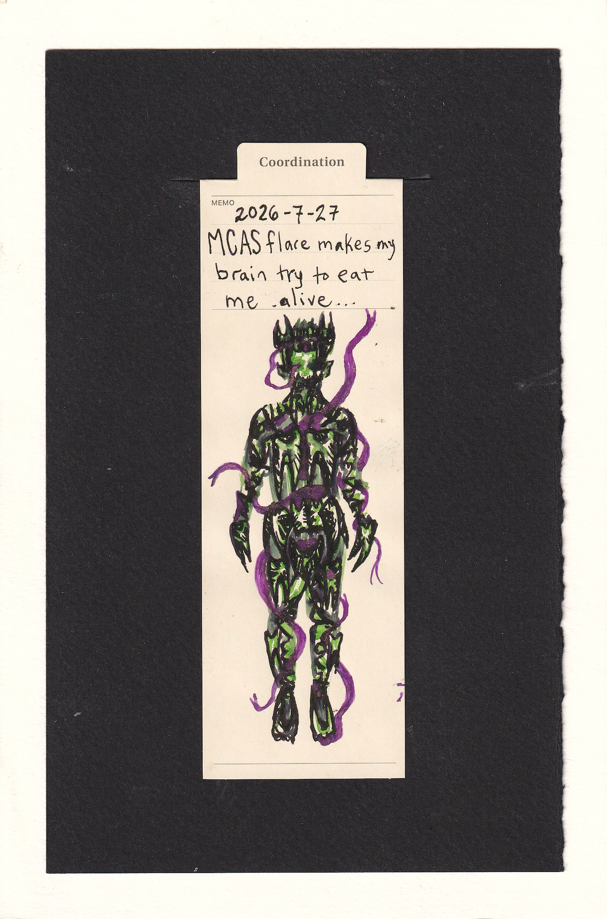 A crème bureaucratic colored bookmark with a human-like figure drawn on it. The figure is made of sickly pale green & black edged jagged shapes with jutting points & recurrent subtle curves. Someone looking closely might notice they evoke human and other creatures’ teeth. Coming out betwixt them are deep raspberry hued winding ribbons, maybe like long forked tongues, which lap at the knees, arms & other areas of the body. One in particular comes from between a helm of teeth and curves around to like the eye of the figure.