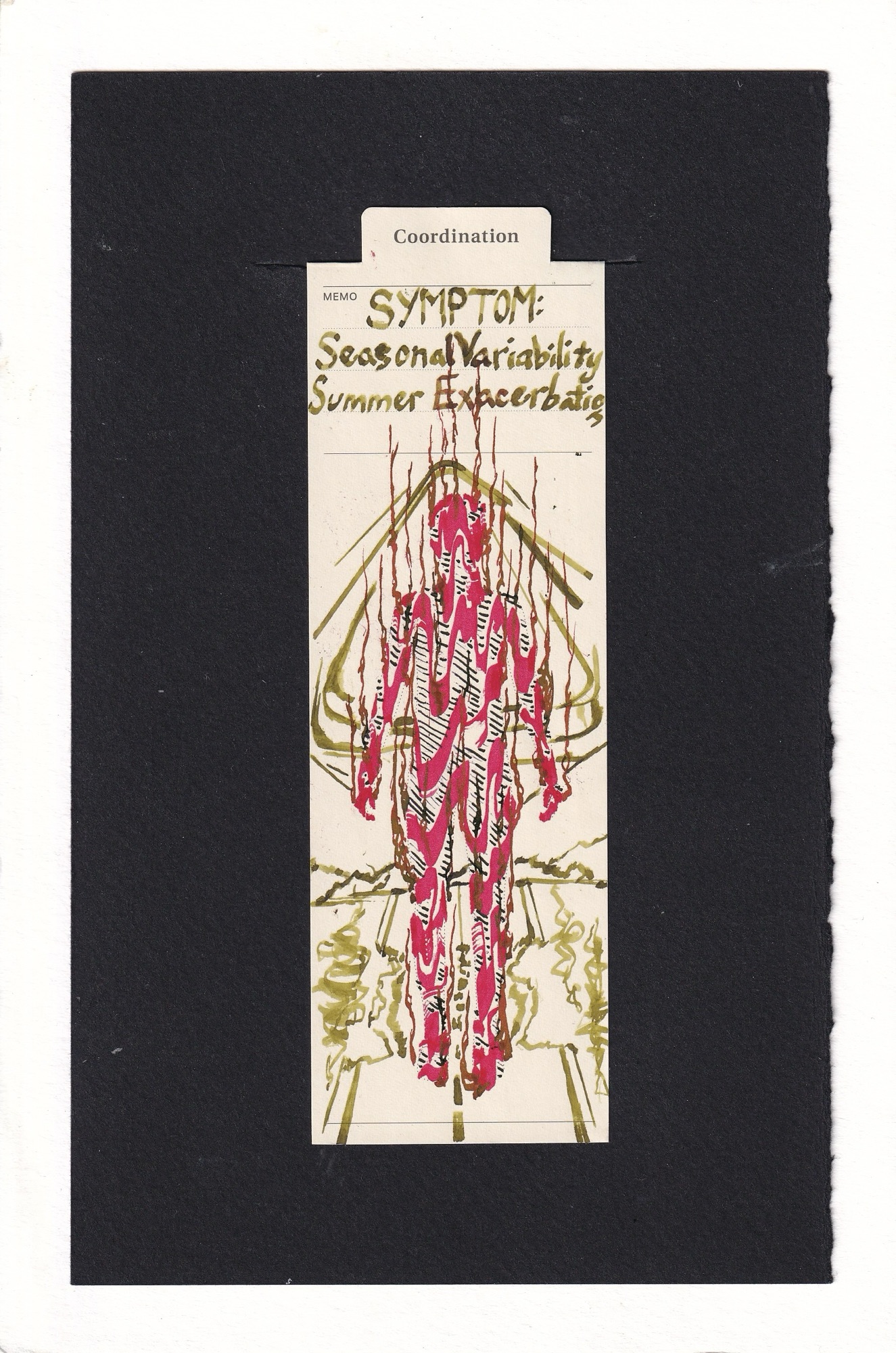 Manila bookmark where an outline of a human body has been filled with undulating red lines and diagonal dark hatches. Rising from the body are dark smoldering lines. Behind them, toxic yellow-green-brown ink depicts many intersecting curved triangular shapes like a caution sign, and a desert road experiencing visual heat distortion mirage.